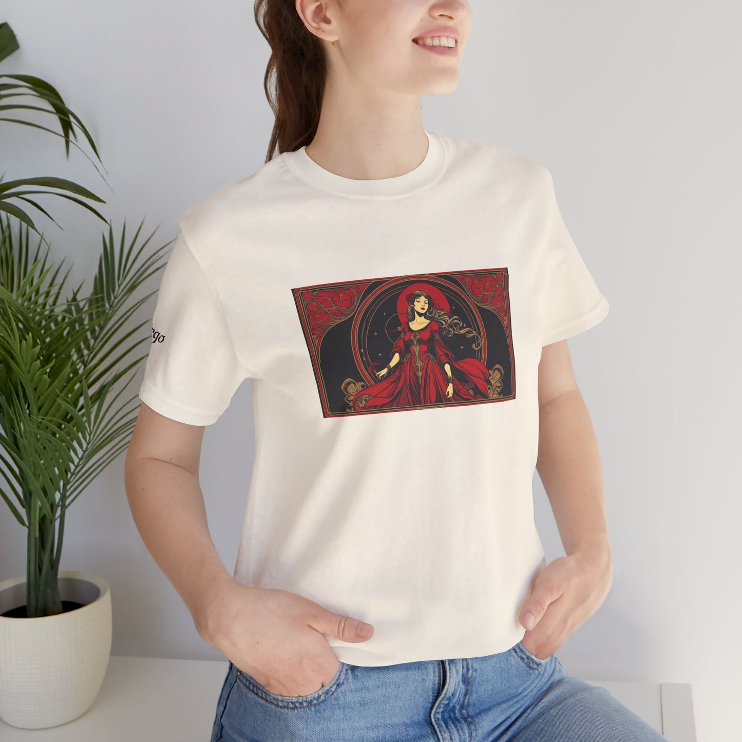 Virgo - Gothic Zodiac T-Shirt. Red graphic in front.  Zodiac in the Shadows
