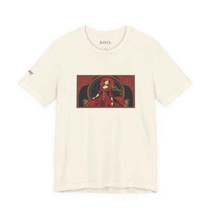 Virgo - Gothic Zodiac T-Shirt. Red graphic in front.  Zodiac in the Shadows