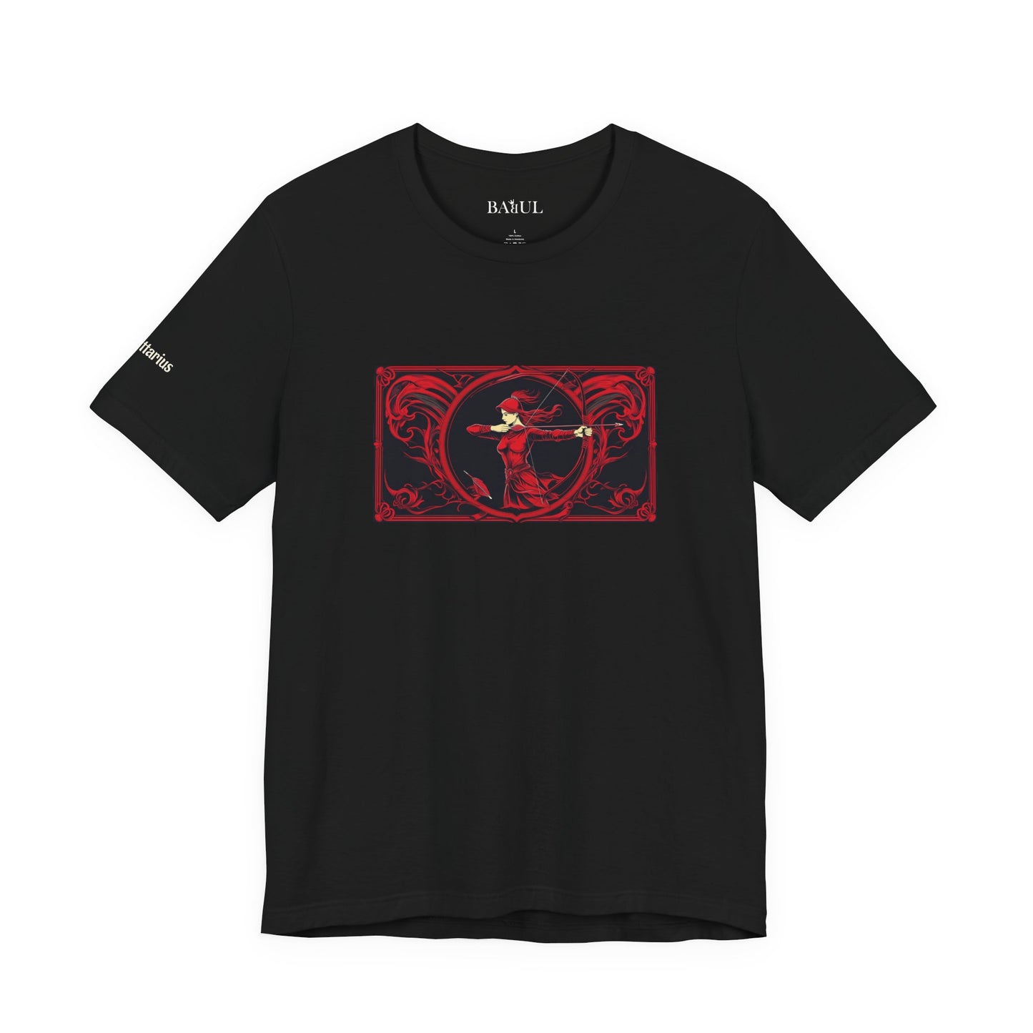 Sagittarius - Gothic Zodiac T-Shirt. Red graphic in front.  Zodiac in the Shadows