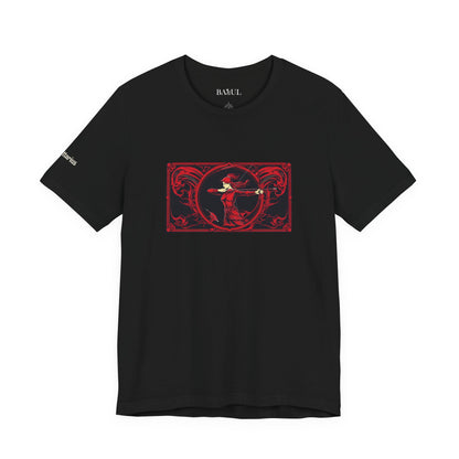 Sagittarius - Gothic Zodiac T-Shirt. Red graphic in front.  Zodiac in the Shadows