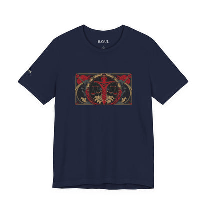 Libra - Gothic Zodiac T-Shirt. Red graphic in front.  Zodiac in the Shadows