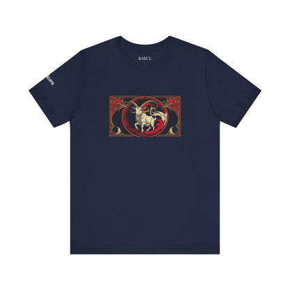 Capricorn - Gothic Zodiac T-Shirt. Red graphic in front. Zodiac in the Shadows