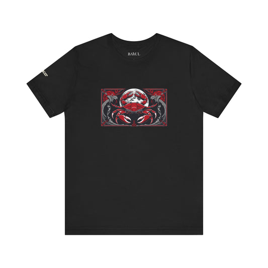 Cancer - Gothic Zodiac T-Shirt. Red graphic in front.  Zodiac in the Shadows