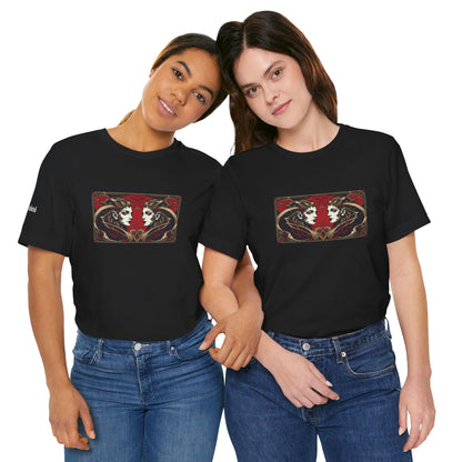 Gemini - Gothic Zodiac T-Shirt. Red graphic in front.  Zodiac in the Shadows