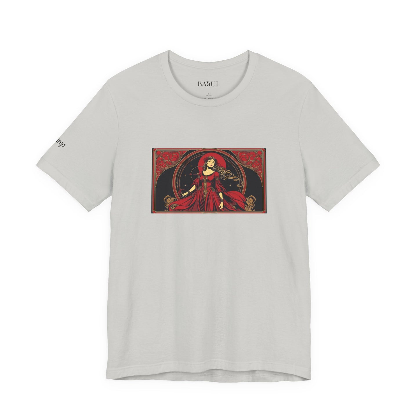 Virgo - Gothic Zodiac T-Shirt. Red graphic in front.  Zodiac in the Shadows