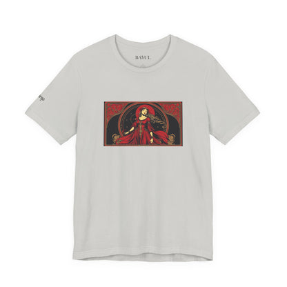 Virgo - Gothic Zodiac T-Shirt. Red graphic in front.  Zodiac in the Shadows