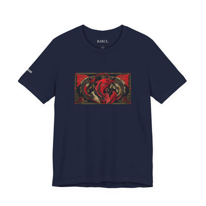 Pisces - Gothic Zodiac T-Shirt. Red graphic in front.  Zodiac in the Shadows
