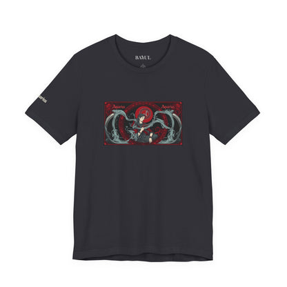 Aquarius - Gothic Zodiac T-Shirt. Red graphic in front.  Zodiac in the Shadows