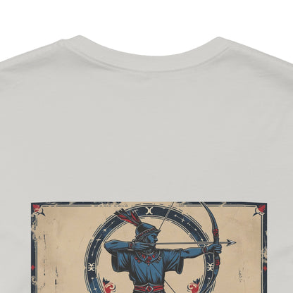 Sagittario - T-shirt con segno zodiacale gotico. Grafica blu sul retro. Zodiaco nell'ombra.