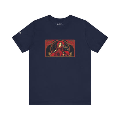Virgo - Gothic Zodiac T-Shirt. Red graphic in front.  Zodiac in the Shadows