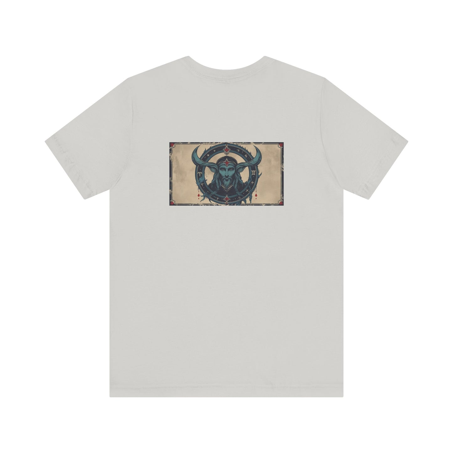 Capricorno - T-shirt con segno zodiacale gotico. Grafica blu sul retro. Segno zodiacale nell'ombra.