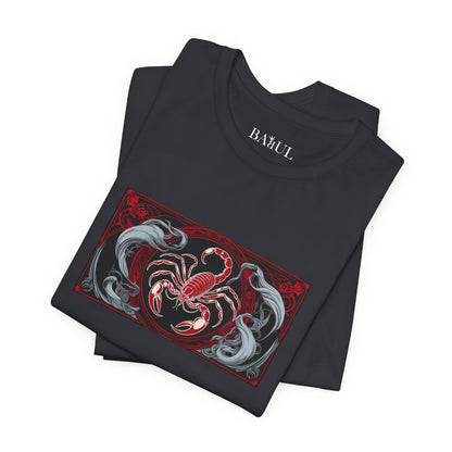 Scorpio - Gothic Zodiac T-Shirt. Red graphic in front. Zodiac in the Shadows