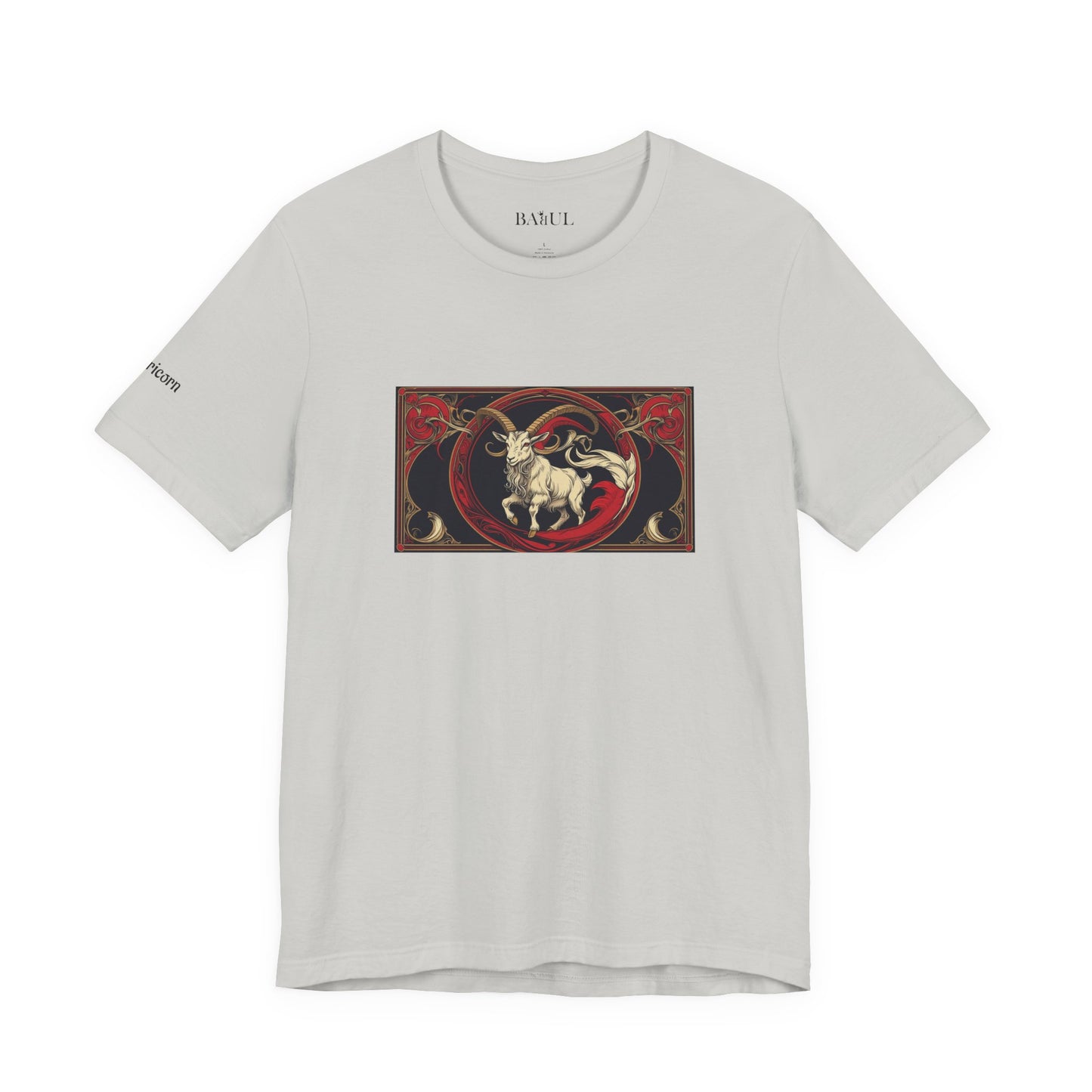 Capricorn - Gothic Zodiac T-Shirt. Red graphic in front. Zodiac in the Shadows