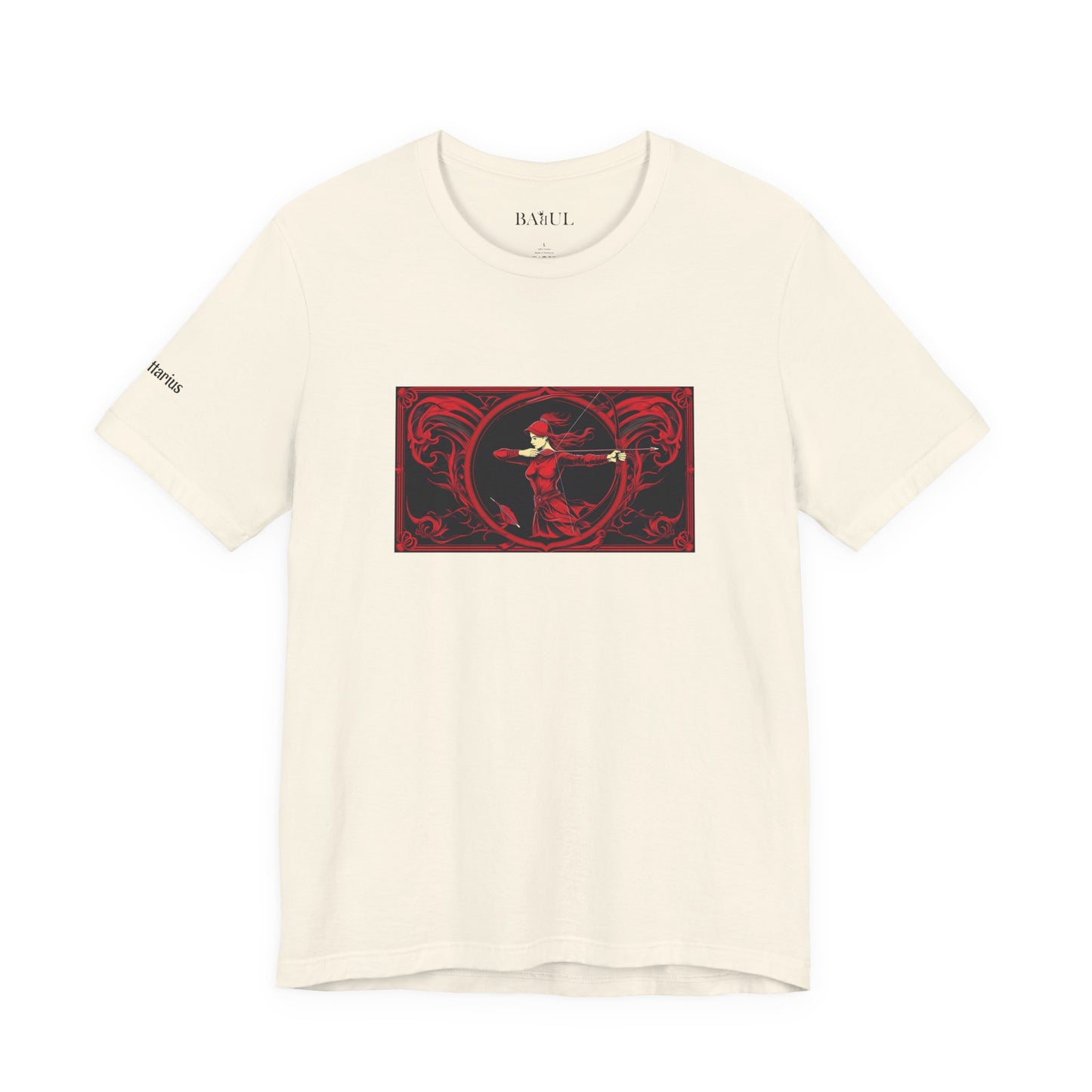 Sagittarius - Gothic Zodiac T-Shirt. Red graphic in front.  Zodiac in the Shadows