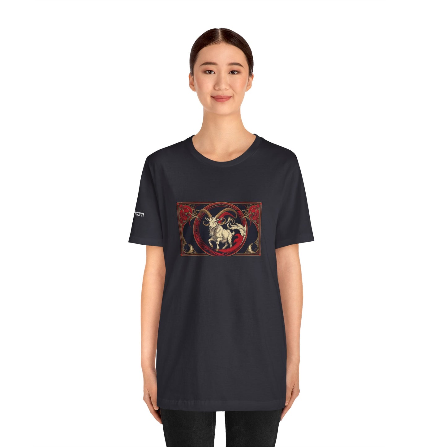 Capricorn - Gothic Zodiac T-Shirt. Red graphic in front. Zodiac in the Shadows