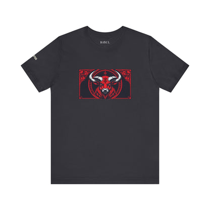 Taurus - Gothic Zodiac T-Shirt. Red graphic in front.  Zodiac in the Shadows