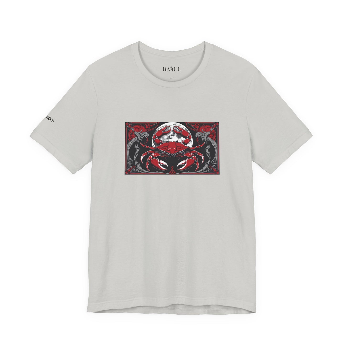 Cancer - Gothic Zodiac T-Shirt. Red graphic in front.  Zodiac in the Shadows