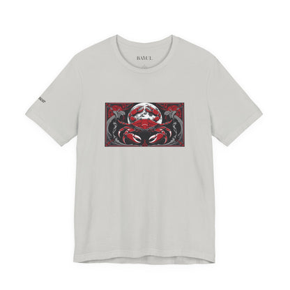 Cancer - Gothic Zodiac T-Shirt. Red graphic in front.  Zodiac in the Shadows