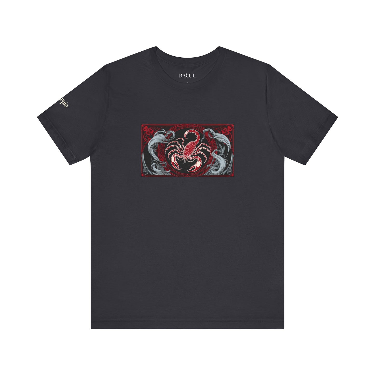 Scorpio - Gothic Zodiac T-Shirt. Red graphic in front. Zodiac in the Shadows