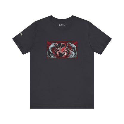 Scorpio - Gothic Zodiac T-Shirt. Red graphic in front. Zodiac in the Shadows
