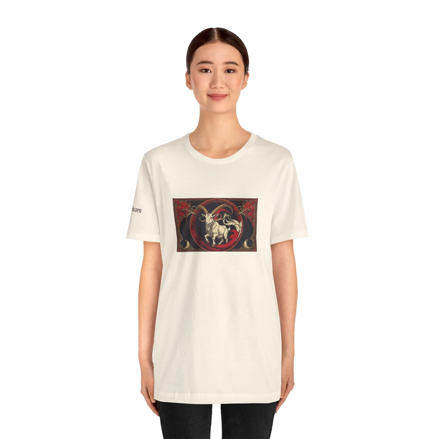 Capricorn - Gothic Zodiac T-Shirt. Red graphic in front. Zodiac in the Shadows