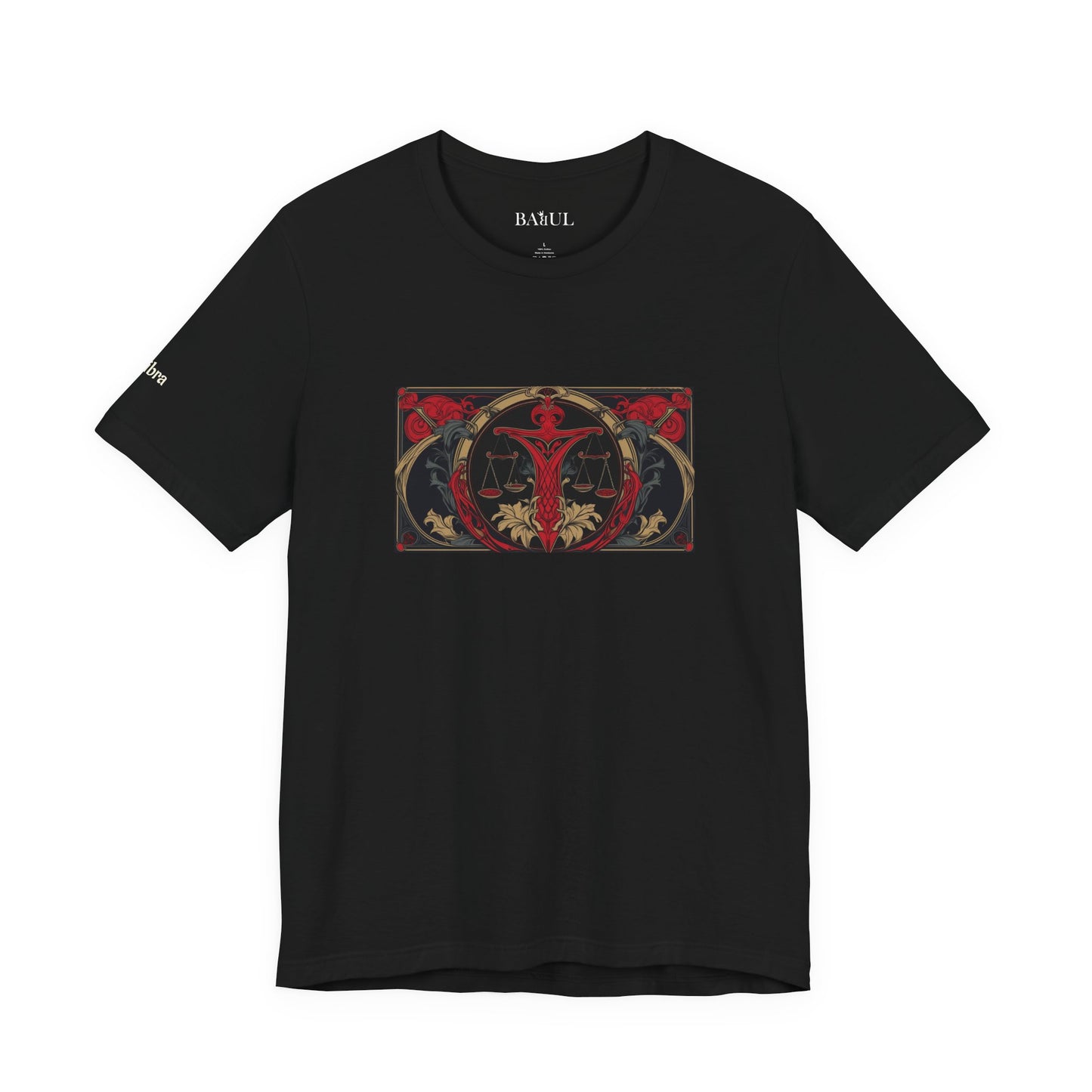 Libra - Gothic Zodiac T-Shirt. Red graphic in front.  Zodiac in the Shadows