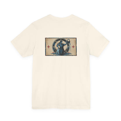 Acquario - T-shirt con segno zodiacale gotico. Grafica blu sul retro. Segno zodiacale nell'ombra.