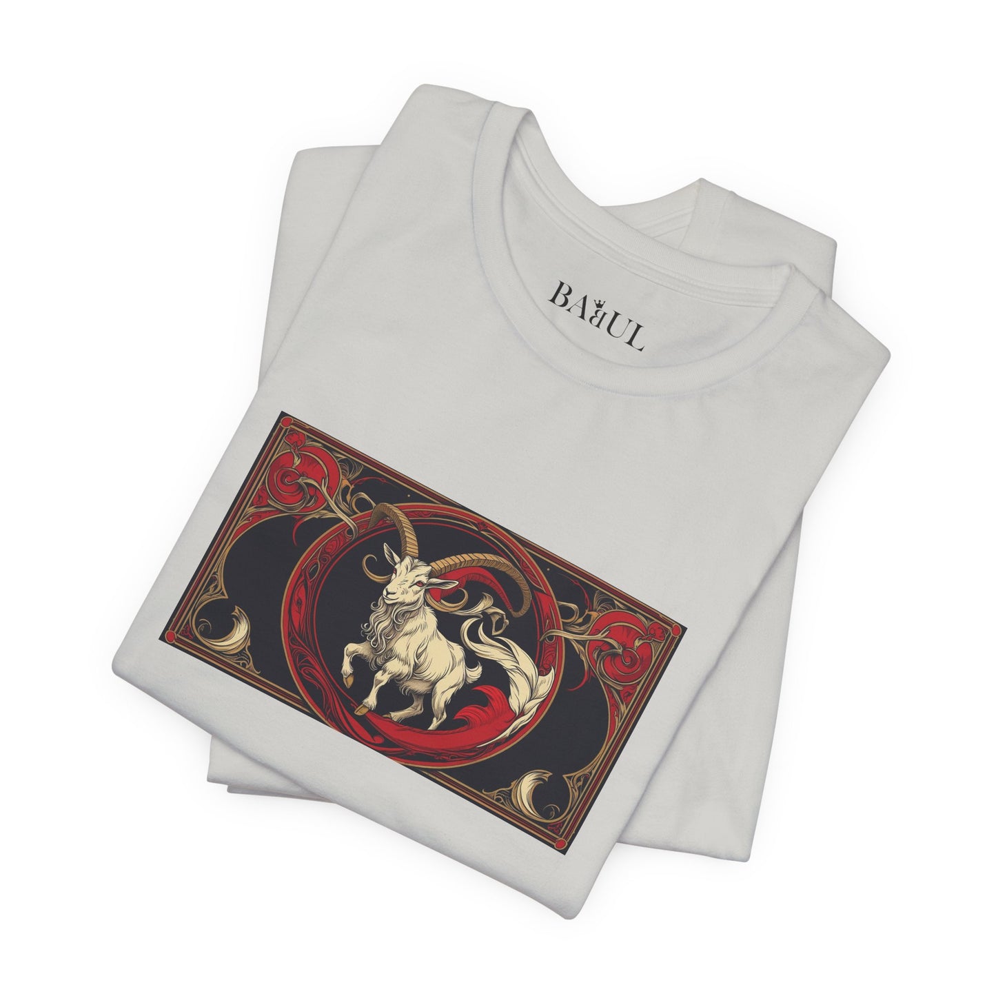 Capricorn - Gothic Zodiac T-Shirt. Red graphic in front. Zodiac in the Shadows