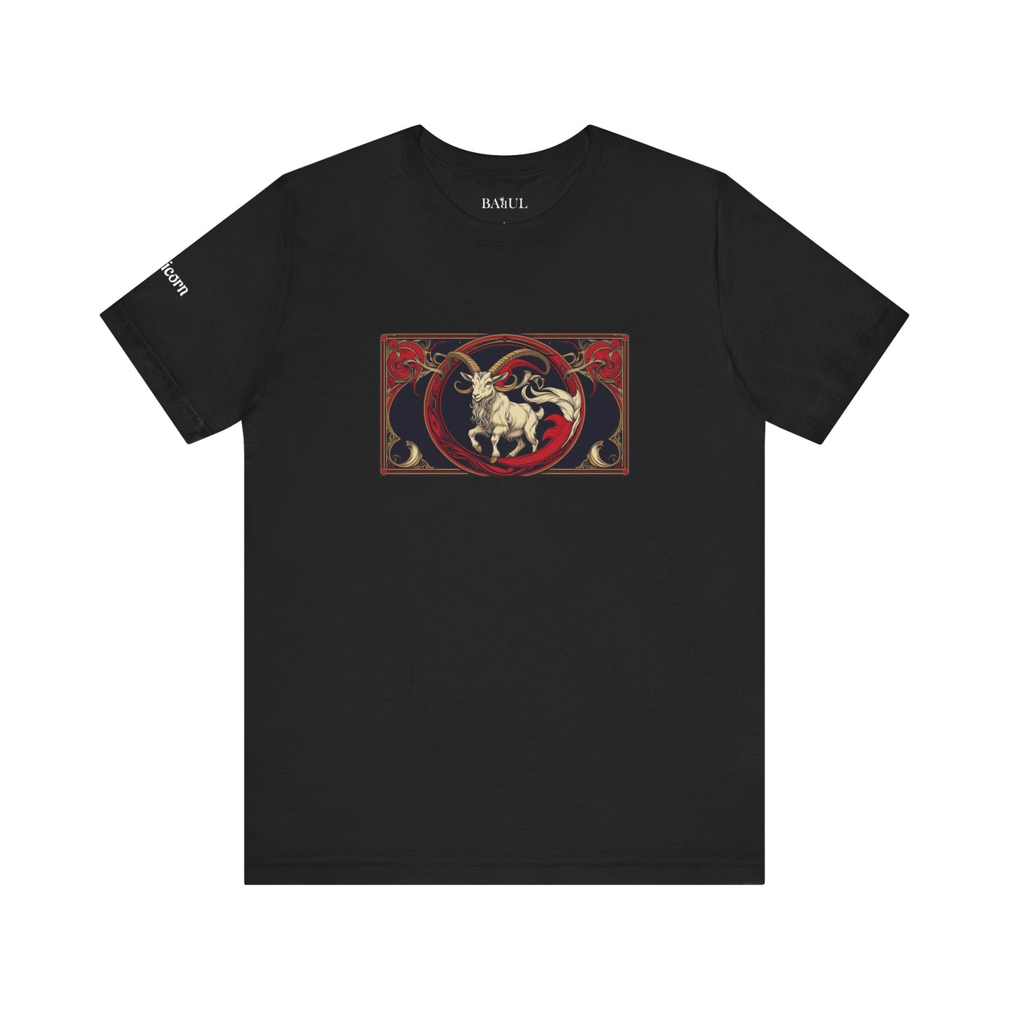 Capricorn - Gothic Zodiac T-Shirt. Red graphic in front. Zodiac in the Shadows