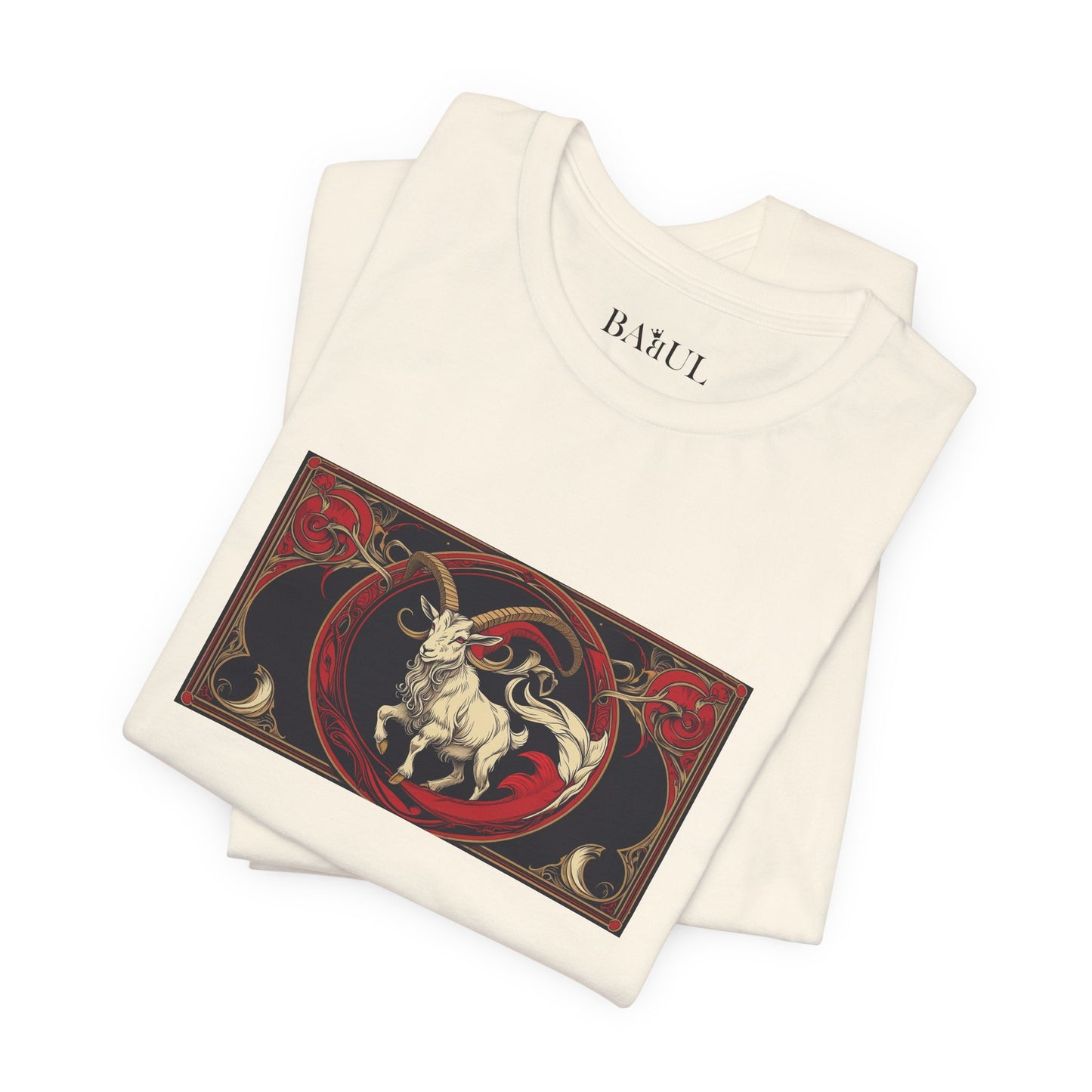 Capricorn - Gothic Zodiac T-Shirt. Red graphic in front. Zodiac in the Shadows