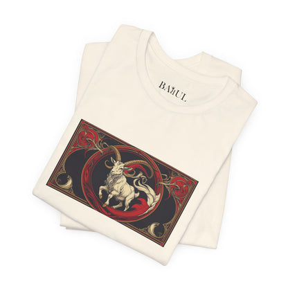 Capricorn - Gothic Zodiac T-Shirt. Red graphic in front. Zodiac in the Shadows