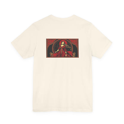 Virgo - Gothic Zodiac, Red Graphic on the back T-Shirt. Zodiac in the Shadows