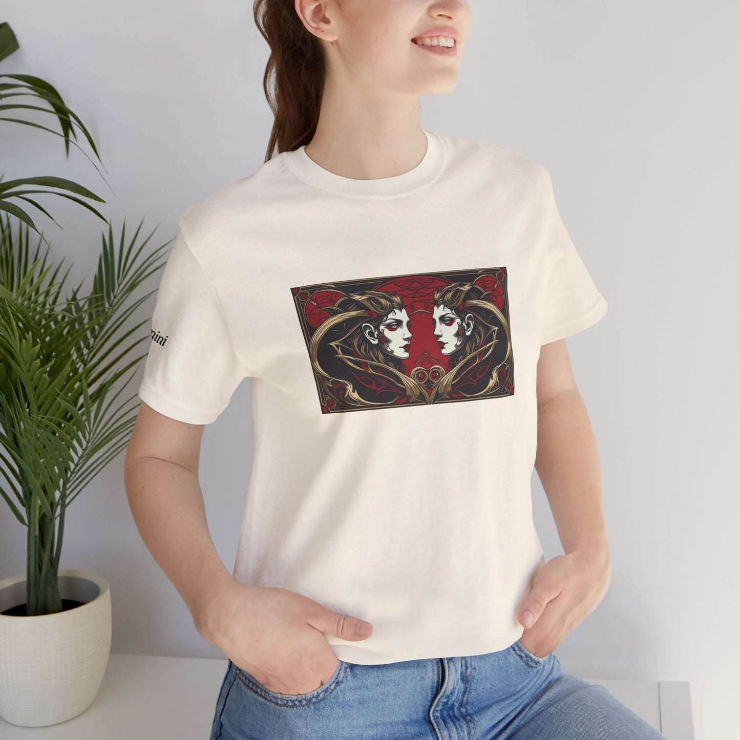Gemini - Gothic Zodiac T-Shirt. Red graphic in front.  Zodiac in the Shadows