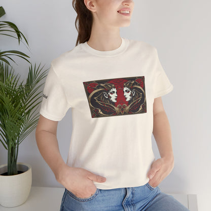 Gemini - Gothic Zodiac T-Shirt. Red graphic in front.  Zodiac in the Shadows