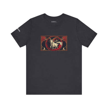 Capricorn - Gothic Zodiac T-Shirt. Red graphic in front. Zodiac in the Shadows