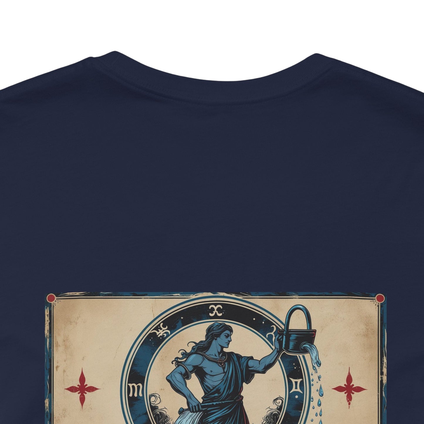 Acquario - T-shirt con segno zodiacale gotico. Grafica blu sul retro. Segno zodiacale nell'ombra.