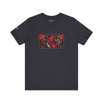 Pisces - Gothic Zodiac T-Shirt. Red graphic in front.  Zodiac in the Shadows