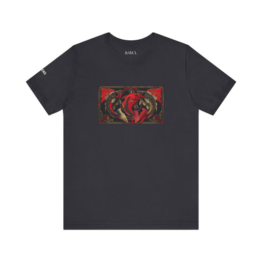 Pisces - Gothic Zodiac T-Shirt. Red graphic in front.  Zodiac in the Shadows