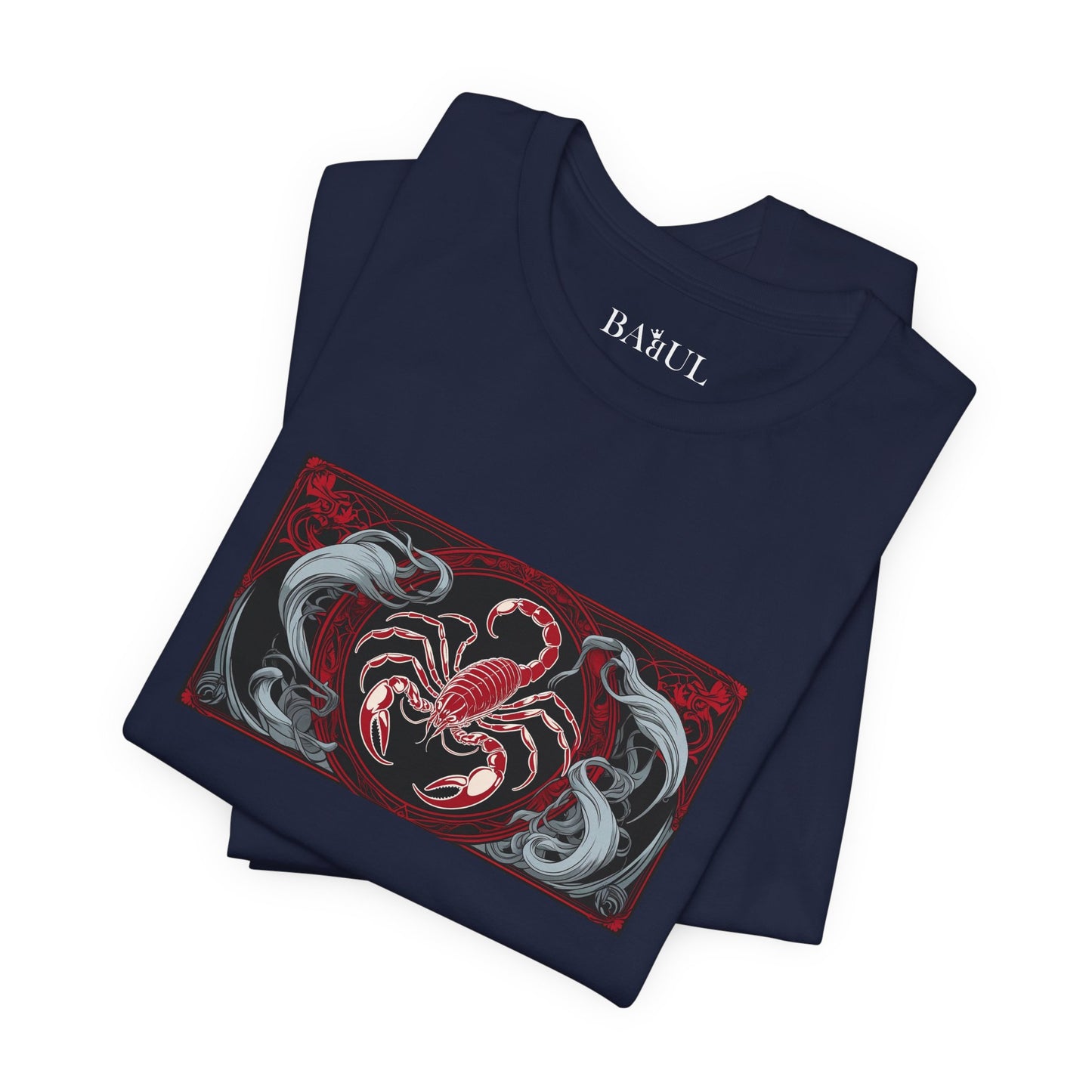 Scorpio - Gothic Zodiac T-Shirt. Red graphic in front. Zodiac in the Shadows