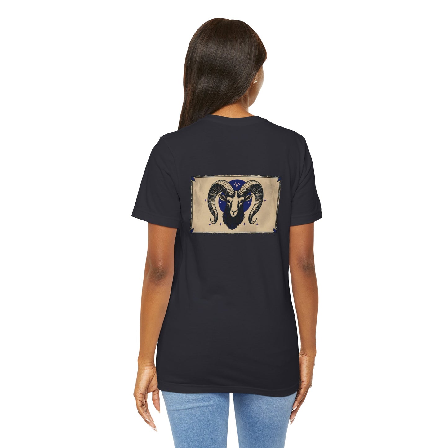 Aries - Gothic Zodiac T-Shirt. Blue graphic on the back. Zodiac in the Shadows
