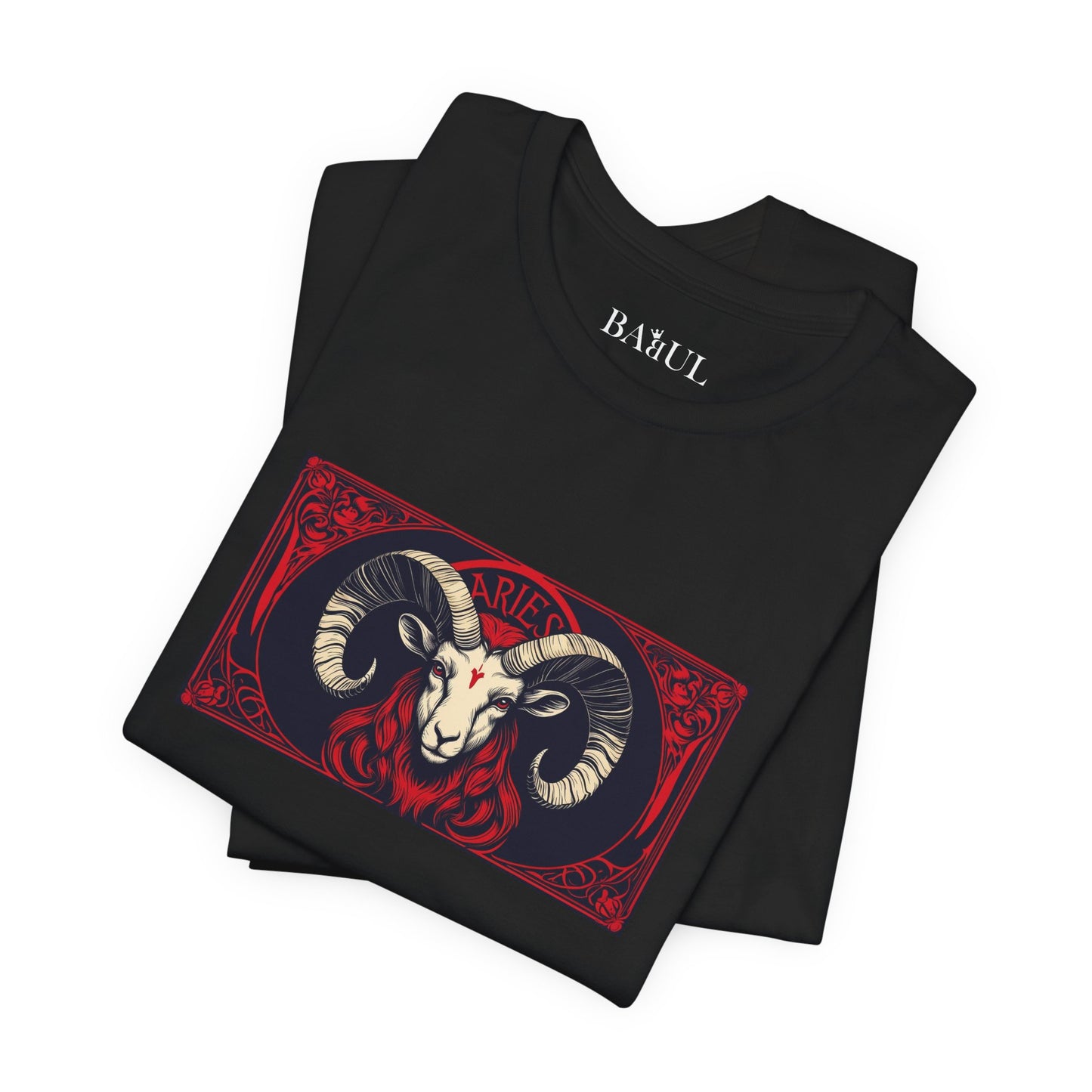 Aries - Gothic Zodiac T-Shirt. Red graphic in front.  Zodiac in the Shadows
