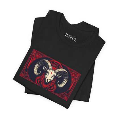 Aries - Gothic Zodiac T-Shirt. Red graphic in front.  Zodiac in the Shadows