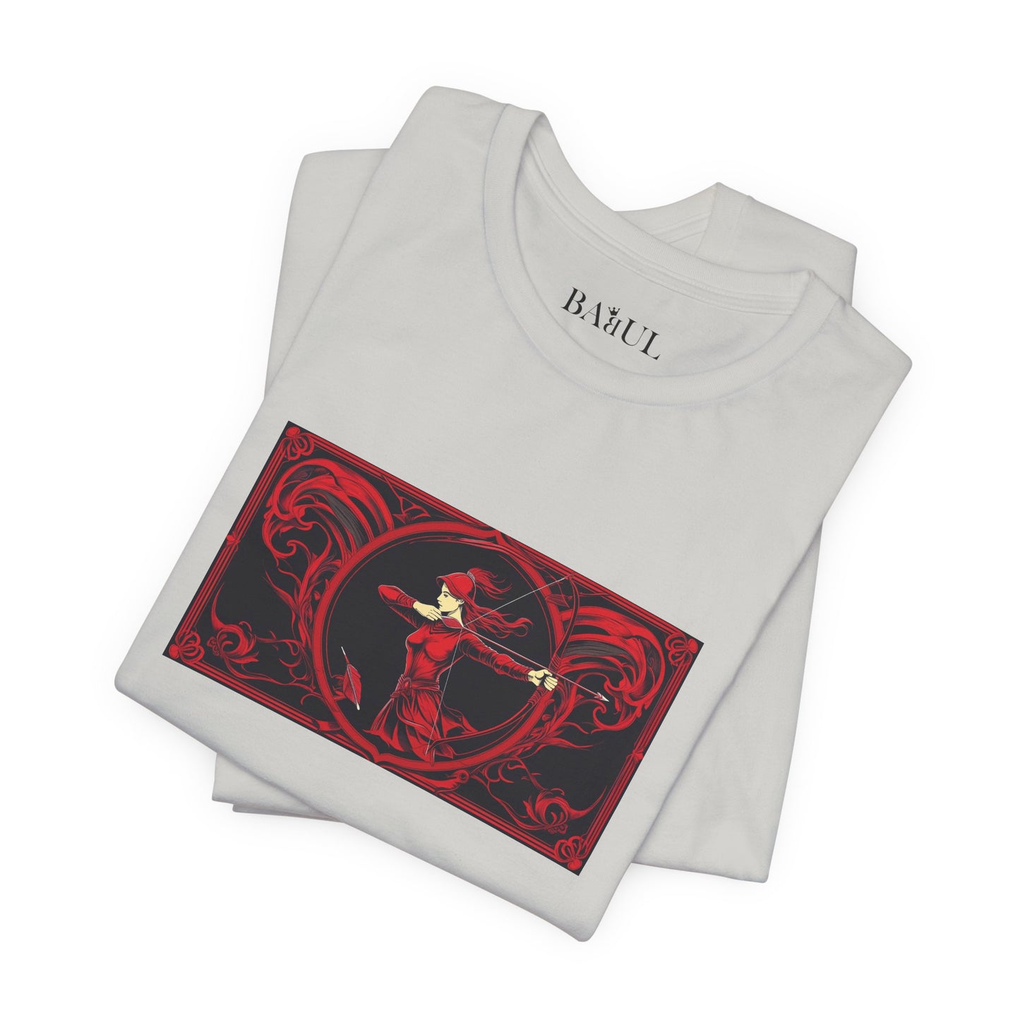 Sagittarius - Gothic Zodiac T-Shirt. Red graphic in front.  Zodiac in the Shadows
