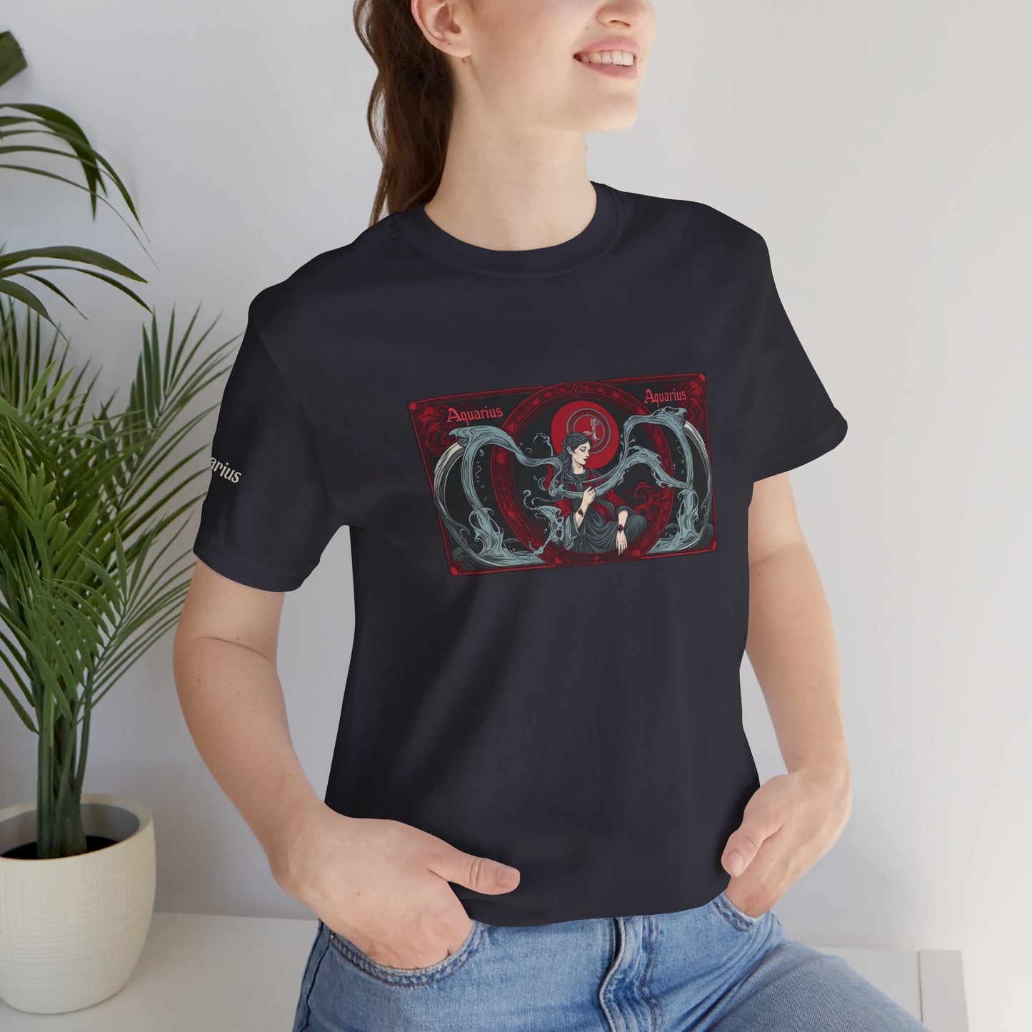 Aquarius - Gothic Zodiac T-Shirt. Red graphic in front.  Zodiac in the Shadows
