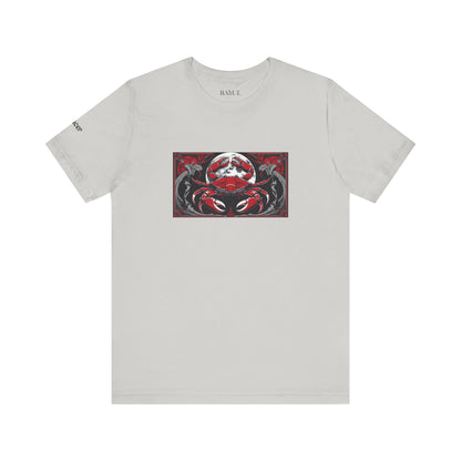 Cancer - Gothic Zodiac T-Shirt. Red graphic in front.  Zodiac in the Shadows