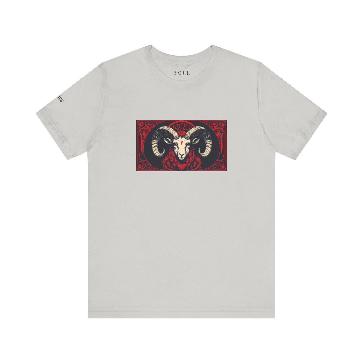 Aries - Gothic Zodiac T-Shirt. Red graphic in front.  Zodiac in the Shadows