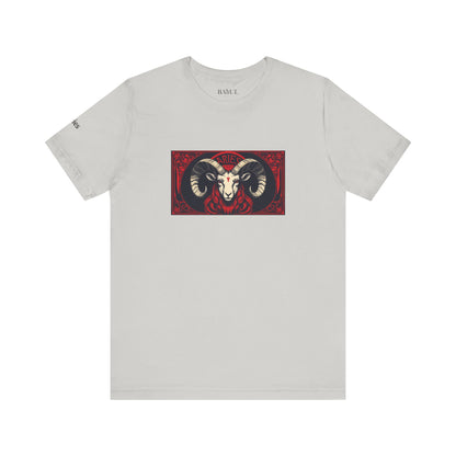Aries - Gothic Zodiac T-Shirt. Red graphic in front.  Zodiac in the Shadows