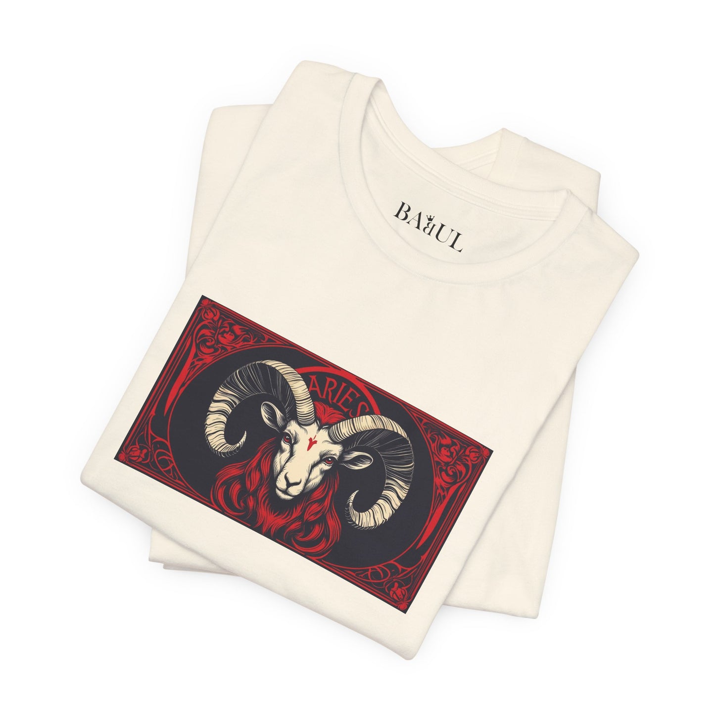 Aries - Gothic Zodiac T-Shirt. Red graphic in front.  Zodiac in the Shadows