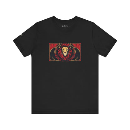 Leo - Gothic Zodiac T-Shirt. Red graphic in front.  Zodiac in the Shadows