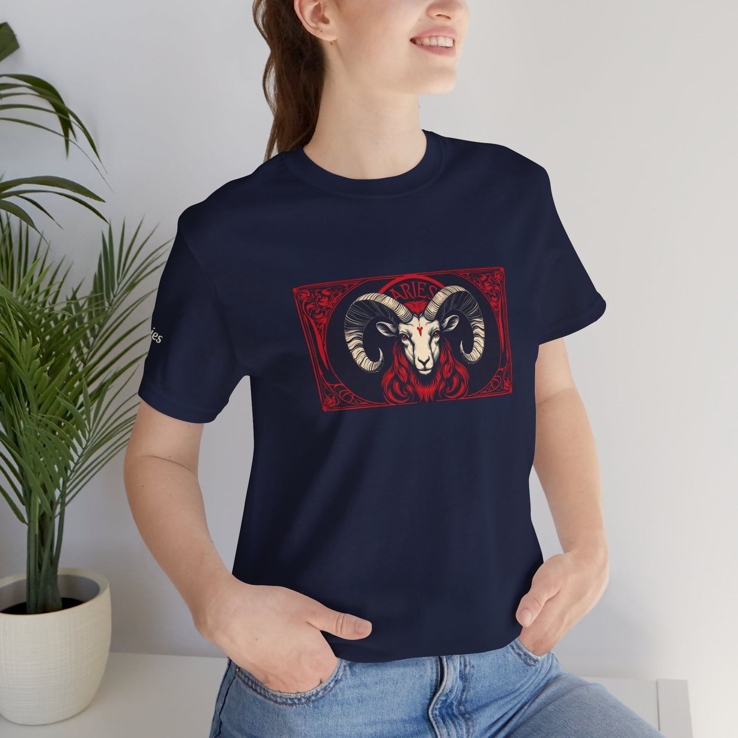 Aries - Gothic Zodiac T-Shirt. Red graphic in front.  Zodiac in the Shadows